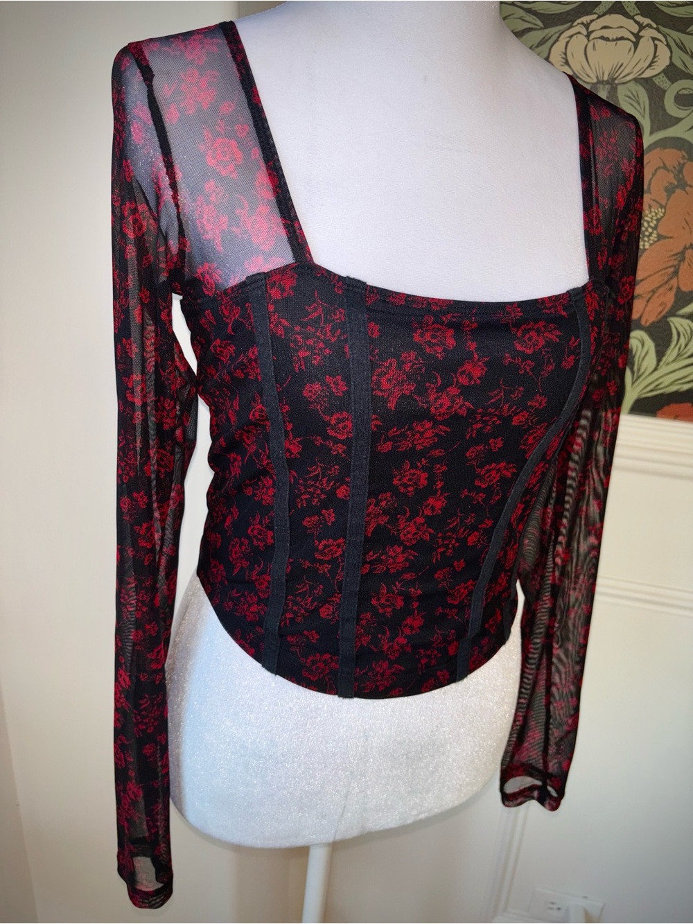 Hollister Mesh Sleeve Floral Corset Crop Top Romantic Whimsigoth